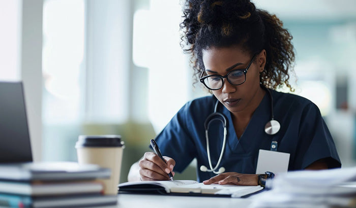 A female nurse in blue scrubs writing notes on a notebook.